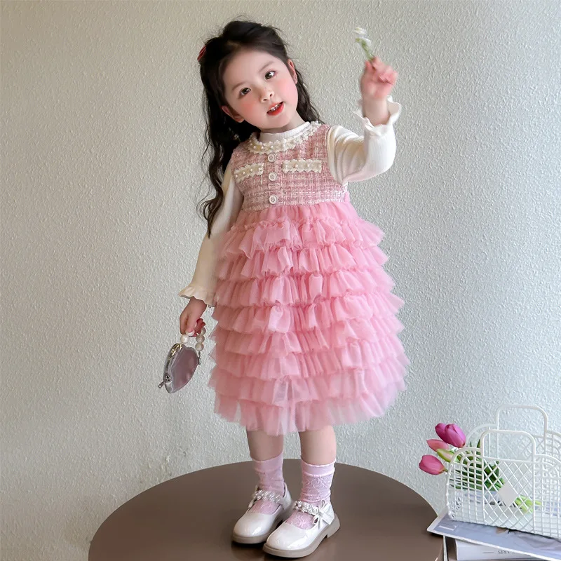 

Girls' Stylish Long Sleeve Spring and Autumn Cake Dress Set with Mesh Baby2025New Princess Dress Sweet