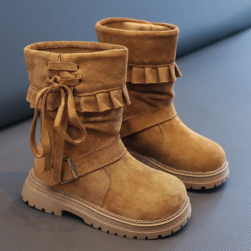 Toddler Girls Winter Warm Mid Calf Boots Plush Lined Suede Ruffle Bow Non-slip Thick Sole Kids Camel Casual Fashion Boots