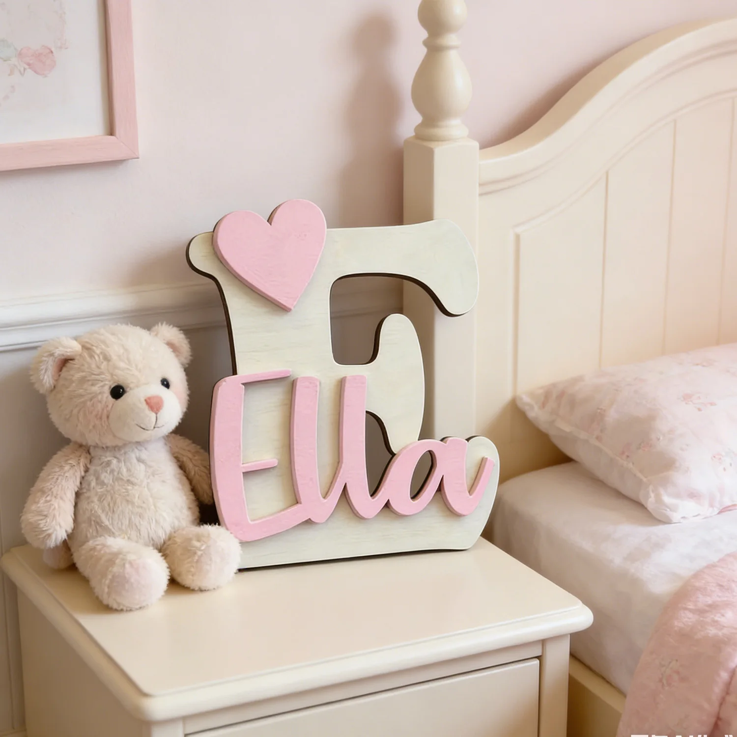 1 Stück personalisierte Namensschilder aus Holz mit 26 Buchstaben des Alphabets und rosa Herz, Wand- und Türdekoration für Zuhause, Büro, DIY bemalbar, Geschenk für Kinderzimmer, Geburtstag, Hochzeit