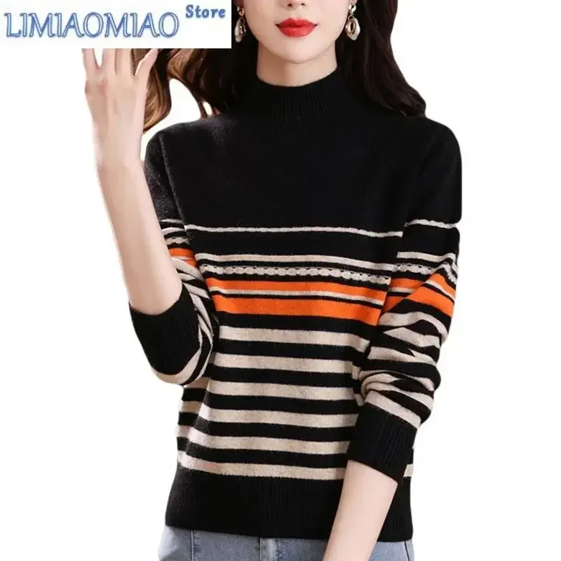

New Autumn and Winter Fashion Half High Neck Thickened Stripes Luxury Loose Versatile Slim Women's Knitted Long Sleeve Sweater
