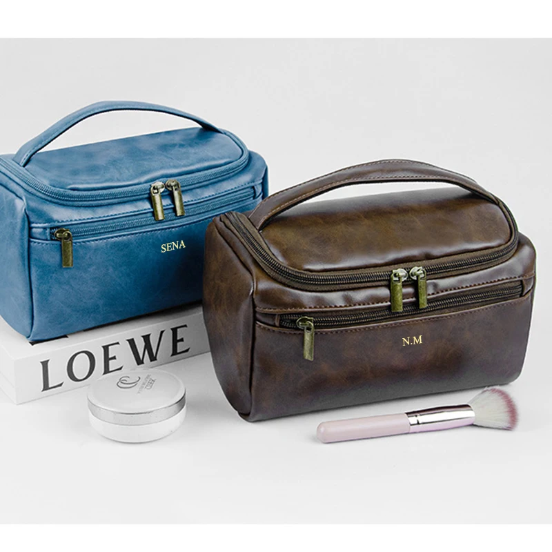 Vintage Travel Portable DIY Cosmetic Bag Large Capacity PU Leather Waterproof Make Up Bag Woman Man Toiletry Bag Storage Bags
