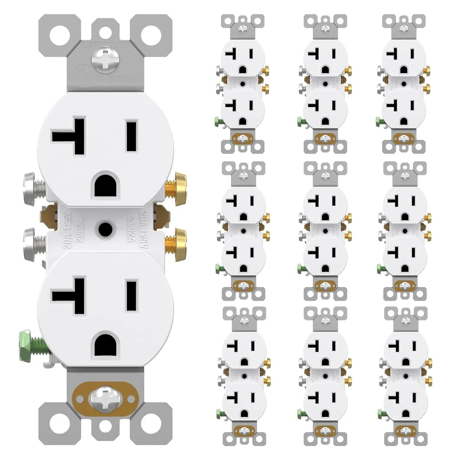 

Электрическая розетка 20А 125В для тяжелых условий эксплуатации, самозаземляющаяся двойная розетка, с боковым подключением, сертифицированная UL (10 штук, белая)