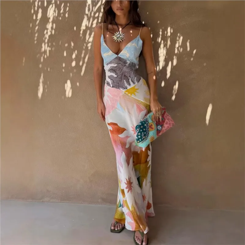 

Sexy Vacation Print Maxi Dress Summer Sleeveless Spaghetti Strap Deep V-neck Dress for Women Slim Streetwear Beach Vestidos 2026