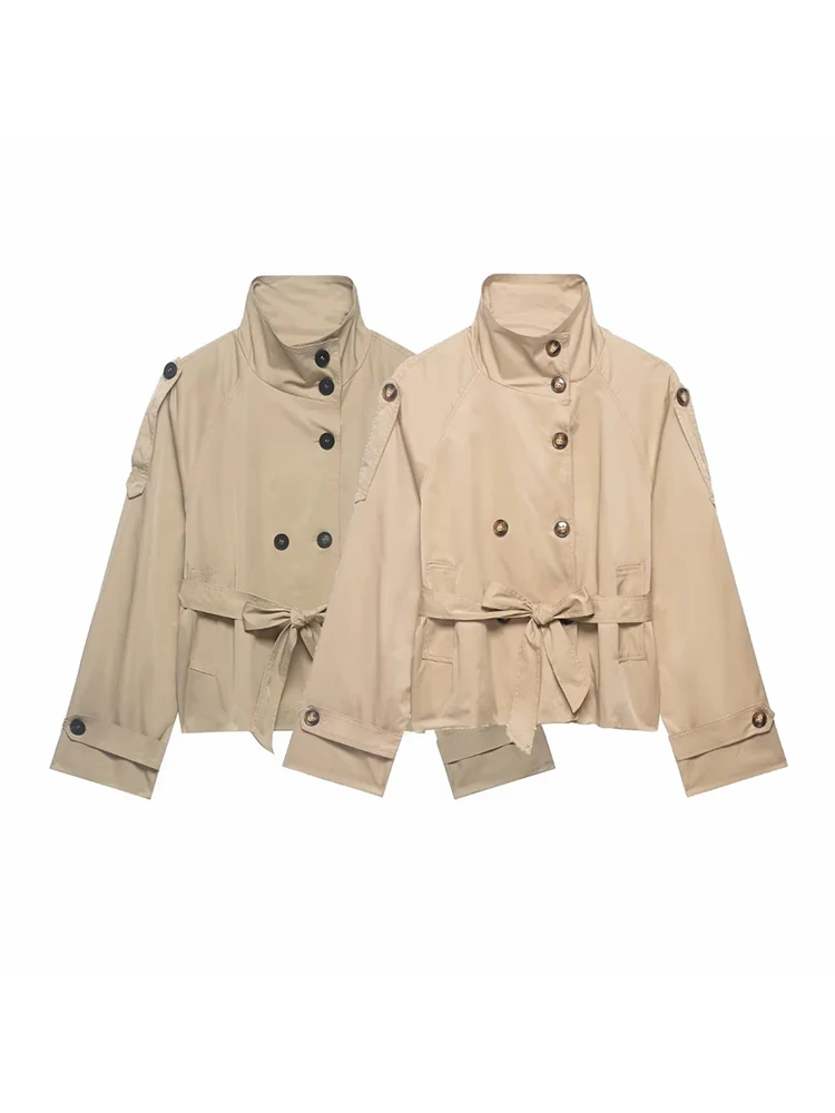 Women Cropped Trench Jackets Coat Autumn Outfit For Women Double Breasted Stand Collar Coats Lady Casual Vintage Jackets