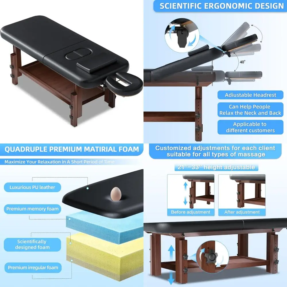 طاولة تدليك واسعة قابلة للتعديل مقاس 31 بوصة مع مسند ظهر لعلاجات السبا الاحترافية، جلد أسود، تدعم ما يصل إلى 1500 رطل #1