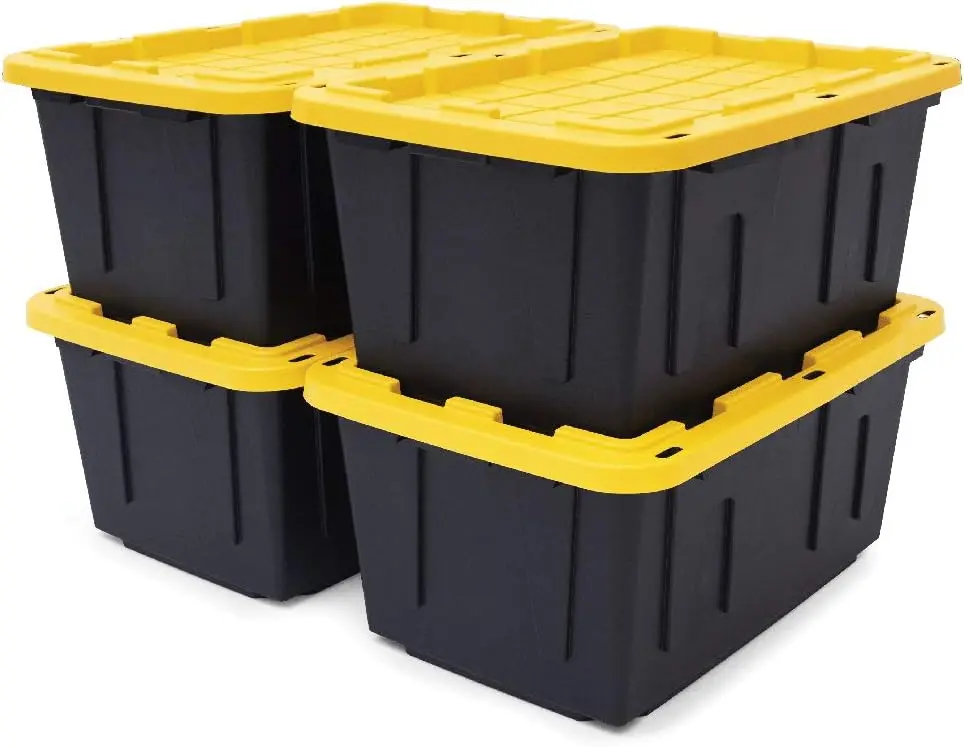 CX Black & Yellow®, Shelving Unit and Heavy Duty Storage Containers, Extremely Durable® (Shelf + 27 Gallon Container (8-Pack))