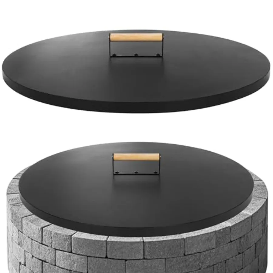 

Firepit Lid Round - Rust Resistant Fire Pit Lid Cover with Wooden Handle and Gloves Fire Pit Snuffer Lid for Courtyards Patio W
