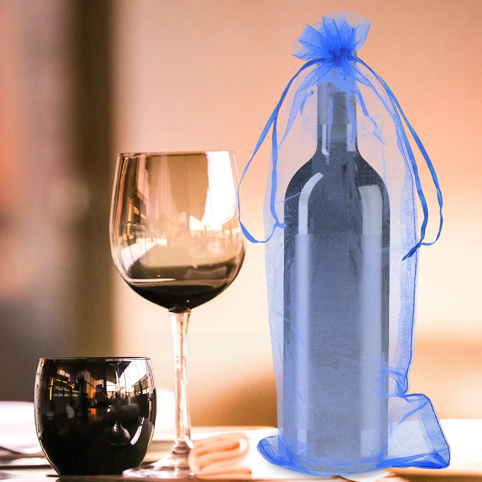 20 Bolsas de Organza Azul Transparente para Botellas de Vino, con Cordón de Satén, para Regalo, Envoltura para Regalos de Fiesta, para Velas, Lociones, Productos Gourmet