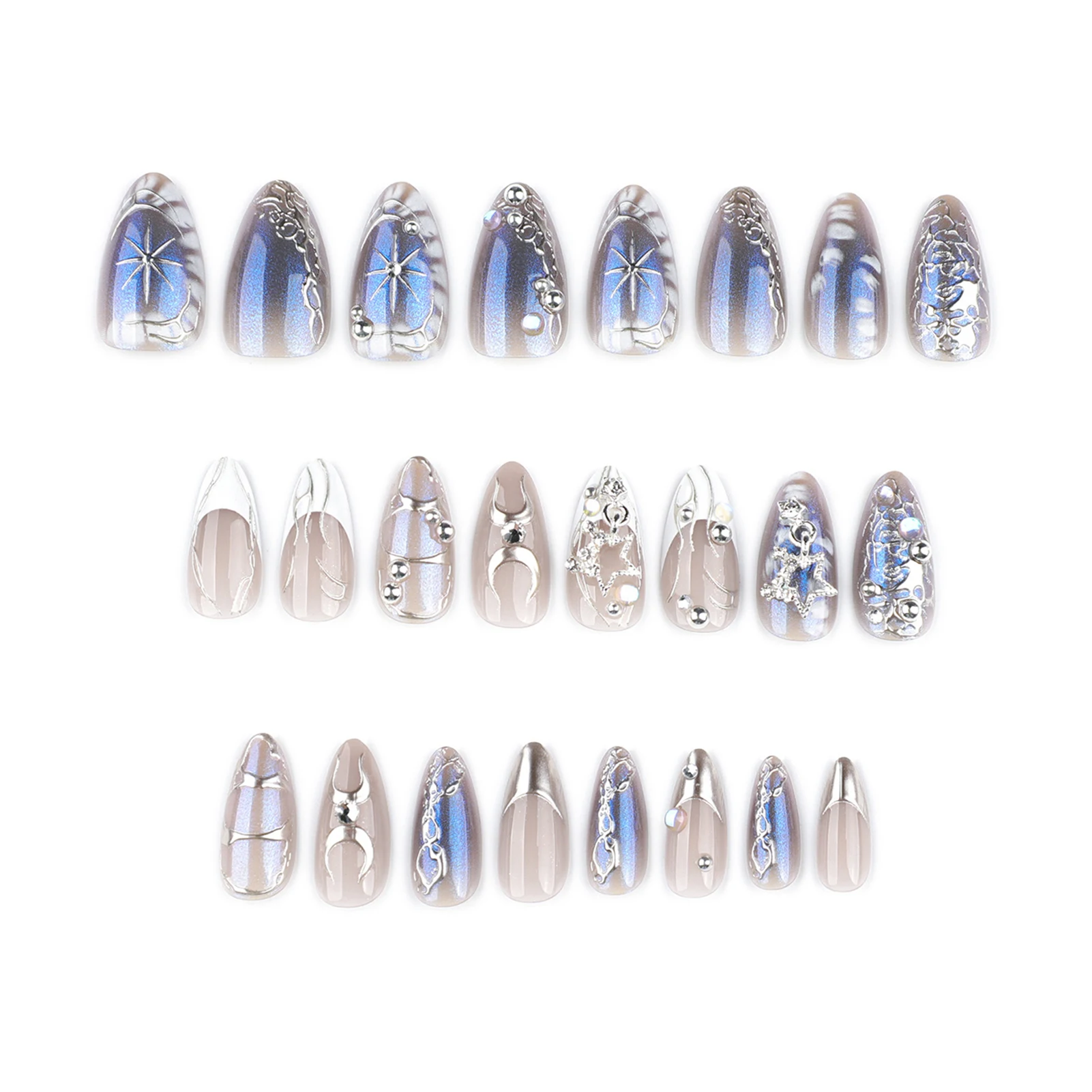 24PCS Lange Presse Auf NägelStiletto Schwarz Silber Bowknot Asymmetrie Gefälschte Nägel Pulver Volle Abdeckung Gefälschte Nagel Set Nägel kunst