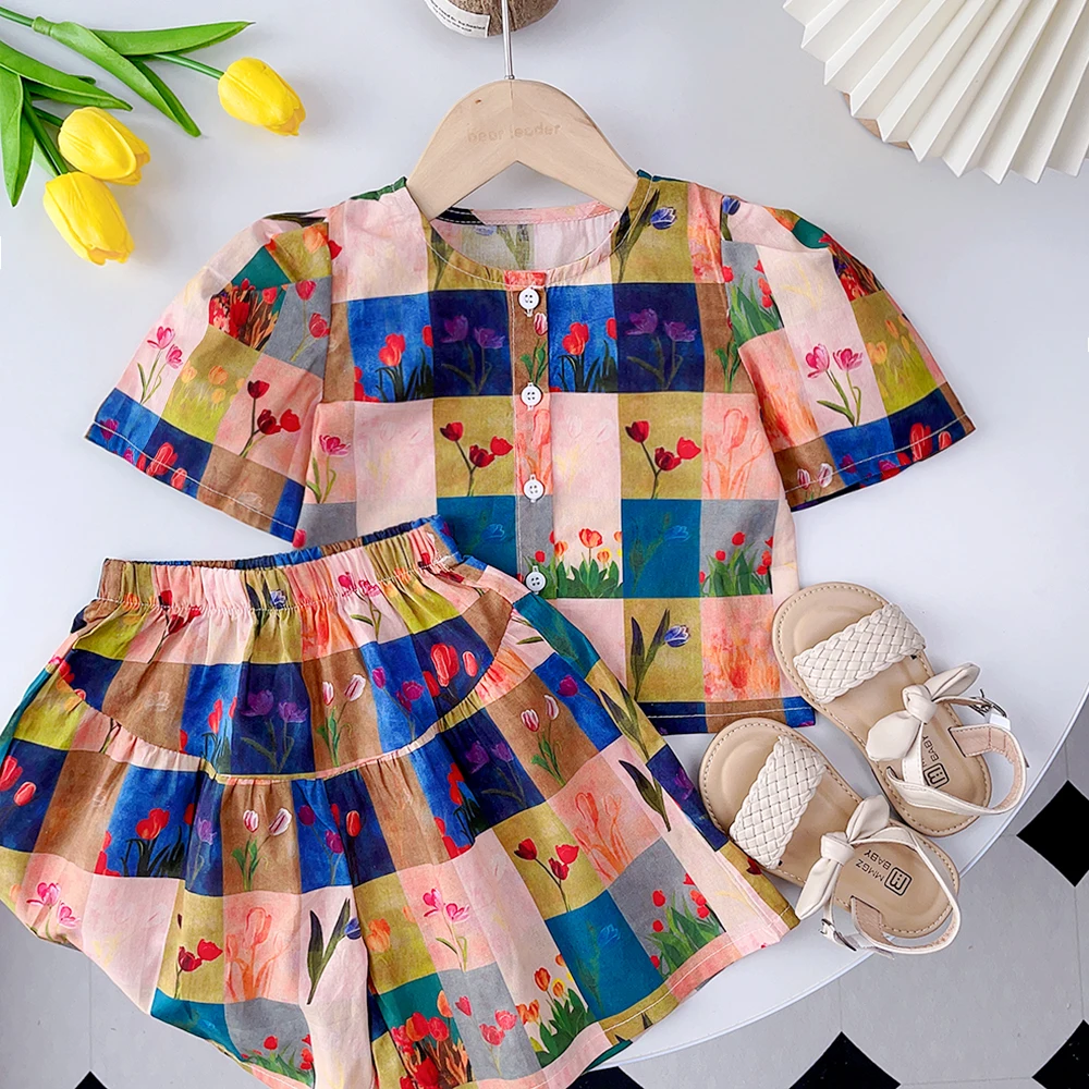 Bear Leader Girls' Set 2024 Summer New Girls' Plaid Flower Print Round Neck Top+Short Skirt Two Piece Fashion Children's Set