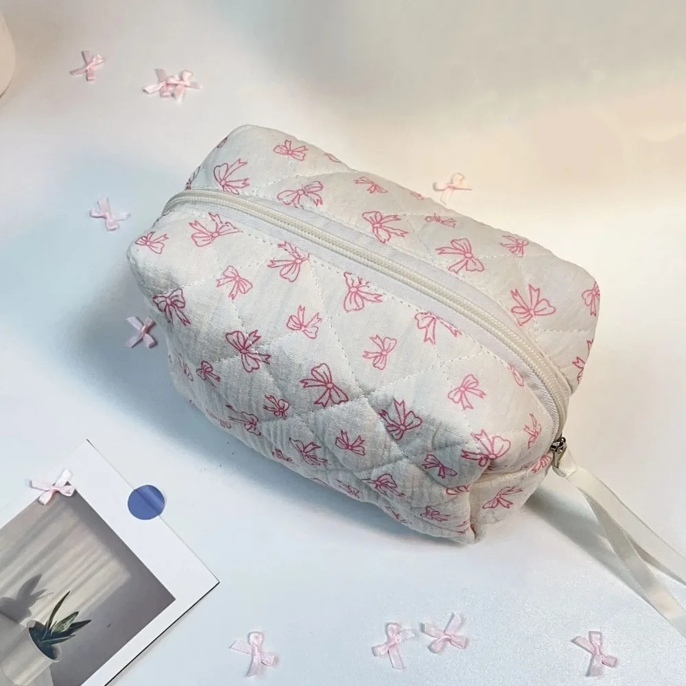Women Kawaii Cotton Coin Case Bags Bow Design Fabric Toiletry Pouch for Travel Floral Print Large Capacity Organizer Clutch Bag