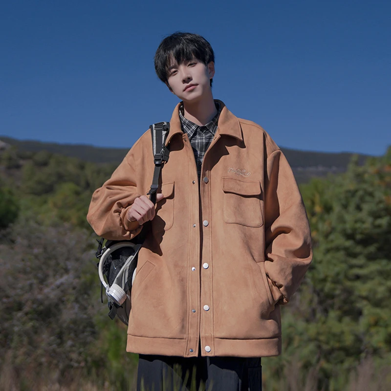 

Ретро-японская рабочая куртка для мужчин из оленьей кожи с вельветовым покрытием, повседневная, с отложным воротником, весна-осень, модная, свободного кроя, молодежная, стильная