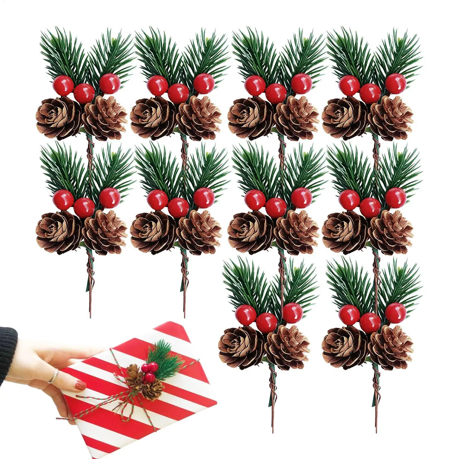 Weihnachtsdekor-Picks, 10-teilig, künstliche Feiertagsdekoration, dekorative Weihnachtszweige für Hochzeits-Setup-Grußkarten