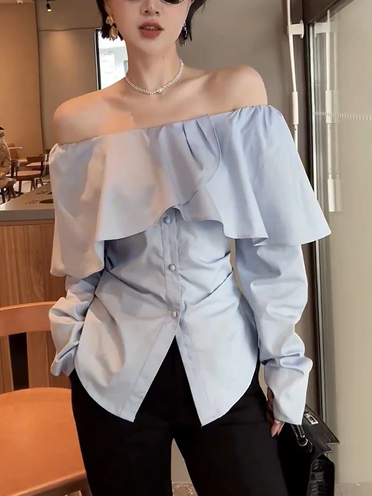 

Ele Oversized irt Spring Collection Women's plus Size Blouse Floral Lace Trim Slimming One-oulder Cover-Up Trendy 2025