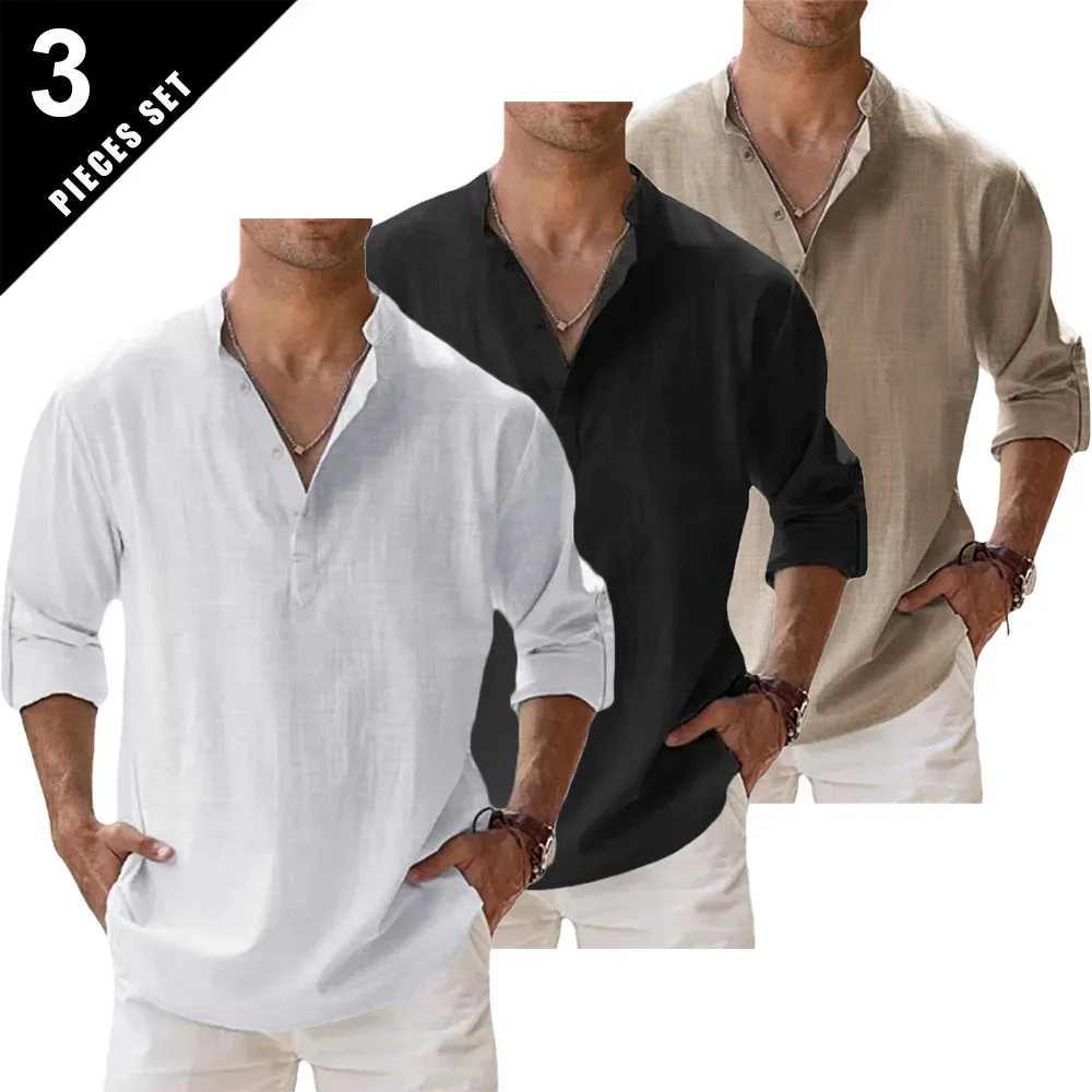 3pcs Men's Cotton Linen Henley Shirts Long Sleeve Lighweight Breathable Solid Color Casual Button Tops Male Casual Tees