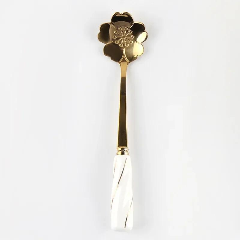 New Gold Plated Spoon Flower Tea Spoon Ceramic Handle Flower Spoon Mark Stainless Steel Coffee Stir Long Spoon