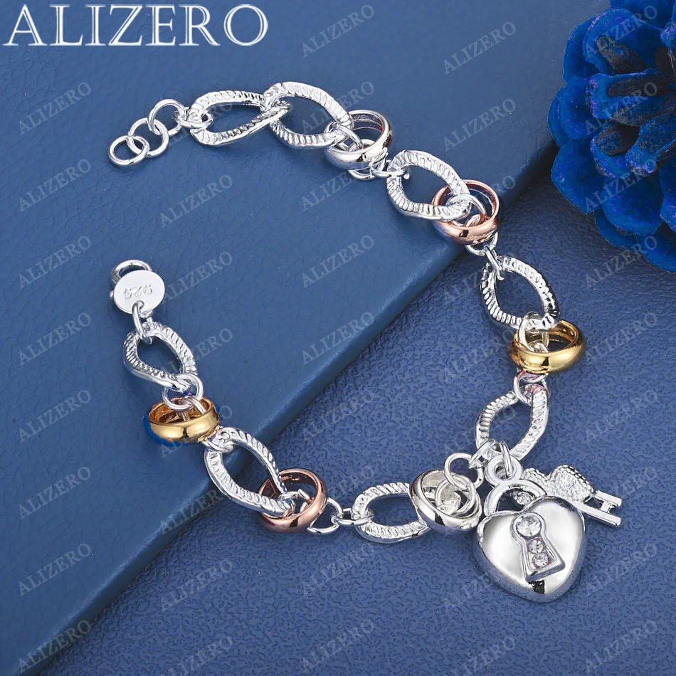 

ALIZERO 925 Sterling Silver Zirconia Clover Key Heart Lock Bracelet For Women Wedding Engagement Party Fashion Jewelry Gifts