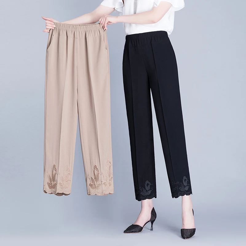 Middle Aged Old Women Spring Summer Pants Thin Elastic Waist Mother Pants Casual Female embroidered cropped trousers