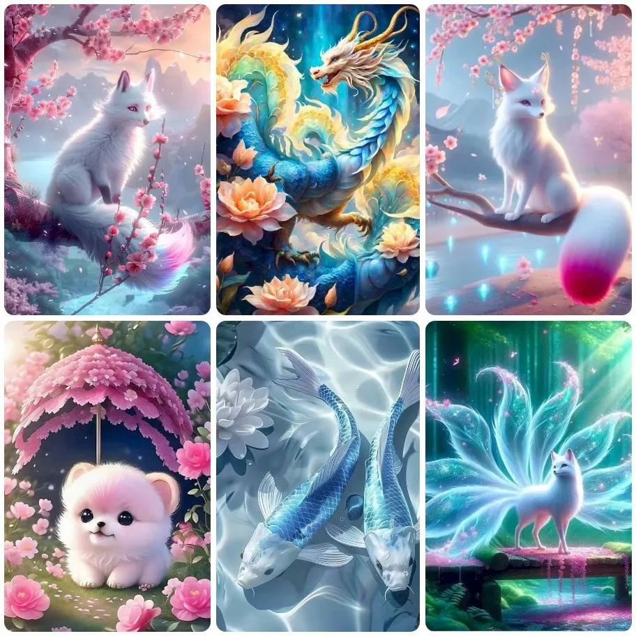Myth Creature Combined Jigsaw Puzzle, Nine Tailed Fox Chinese Dragon Koi Carp Fluffy Puppy Peach Blossom Peony Wall Decor Gift