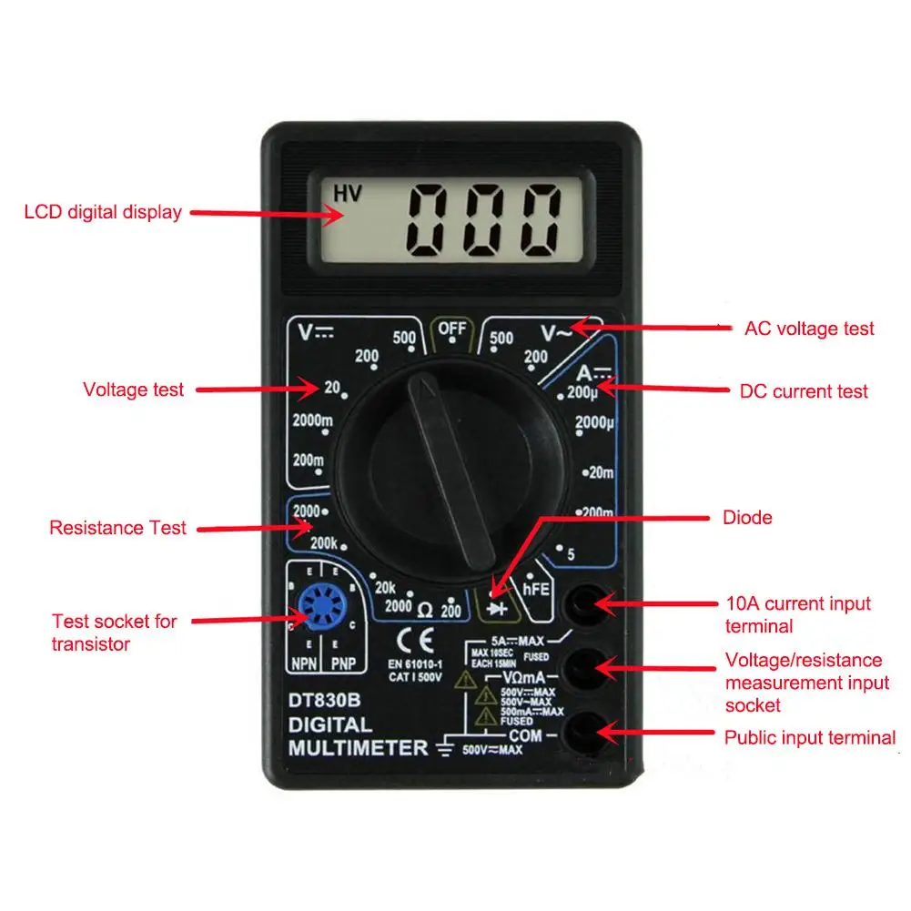 DT-830B Digital Multimeter Handheld Digital Display Multimeter Ammeter Voltmeter Electrical Instrument Measuring Tool Tester