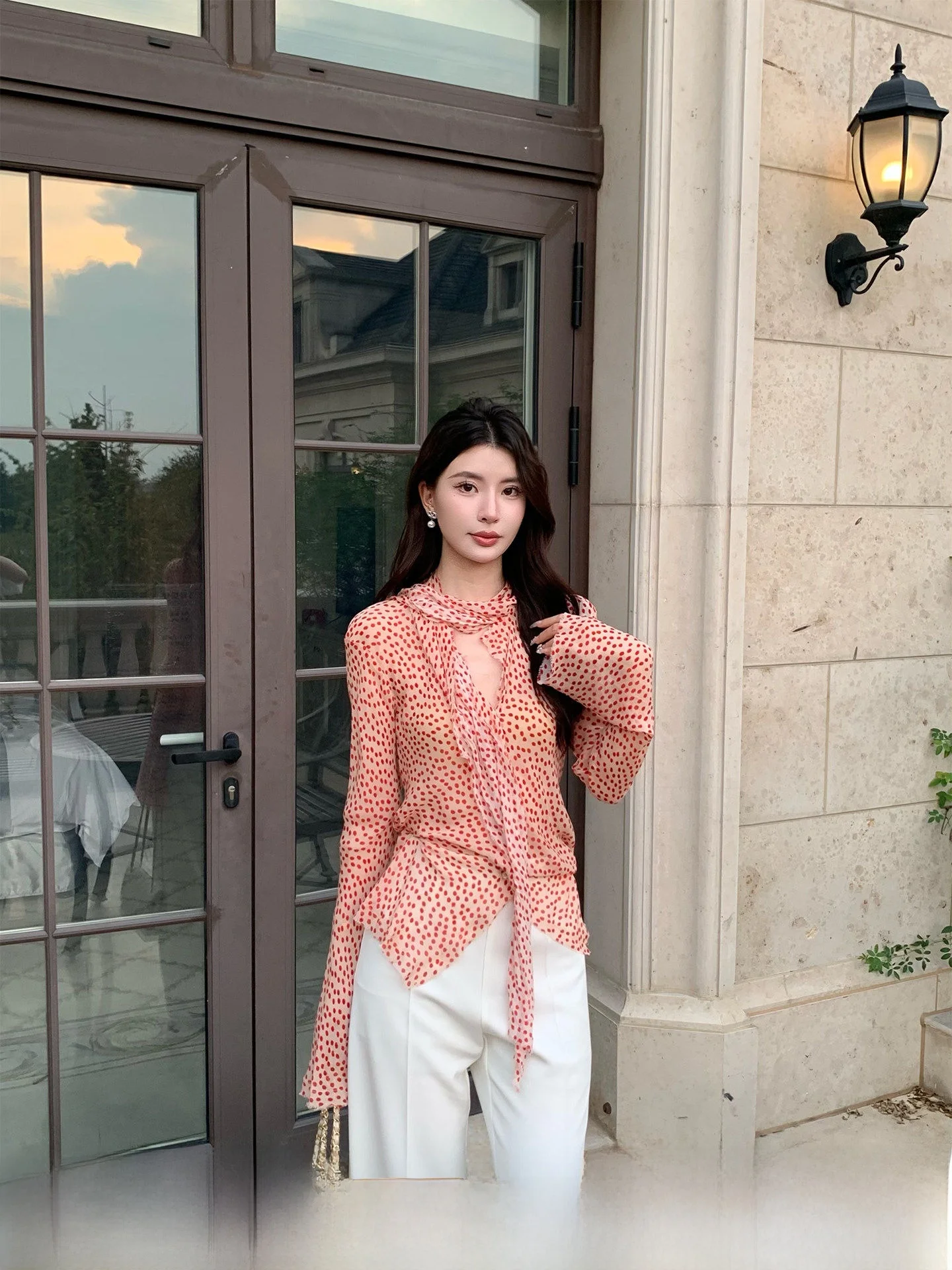 

Kun Total Retro Polka Dot Long Sve irt Women Faionable Summer Top New Sle V Ne Glue Rayon Material Regular Fit