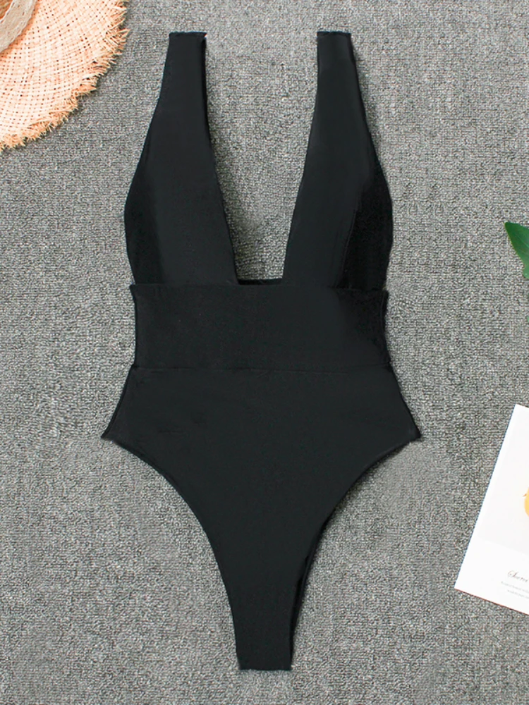 2021 Sexy Deep V Neck One Piece Swimsuit Women Backless Swimwear Monokini Black White Bathing Suit Bodysuit Romper Mujer