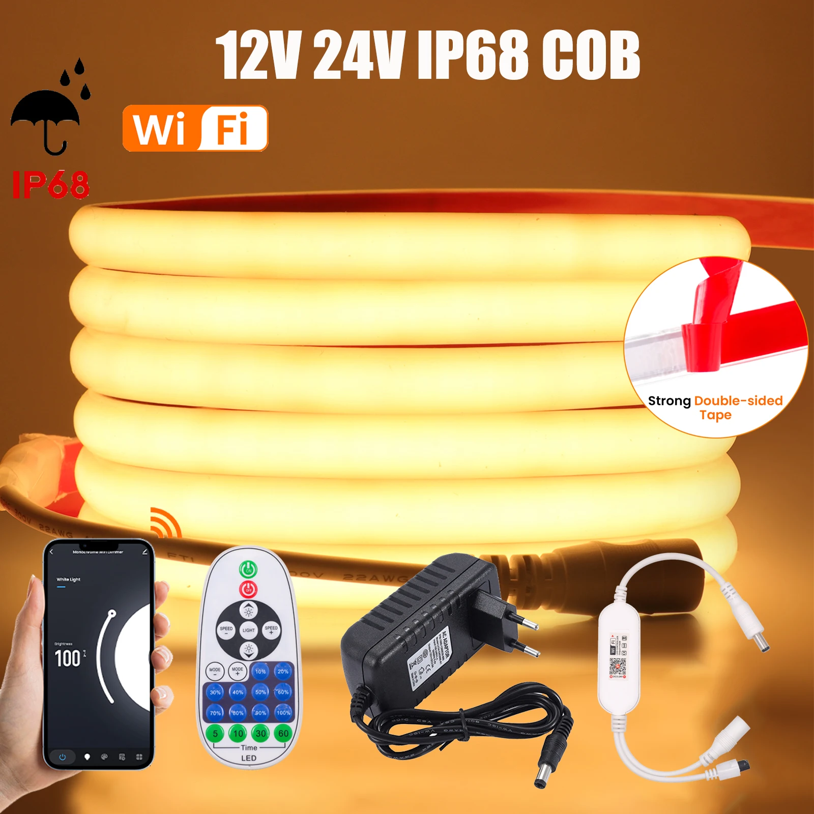 

Светодиодная лента Tuya Wifi Smart COB, светодиодная водонепроницаемая лента COB IP68, 12 В, 24 В, 320 светодиодов, Регулируемая яркость, гибкая светодиодная лента 0,5-20 м