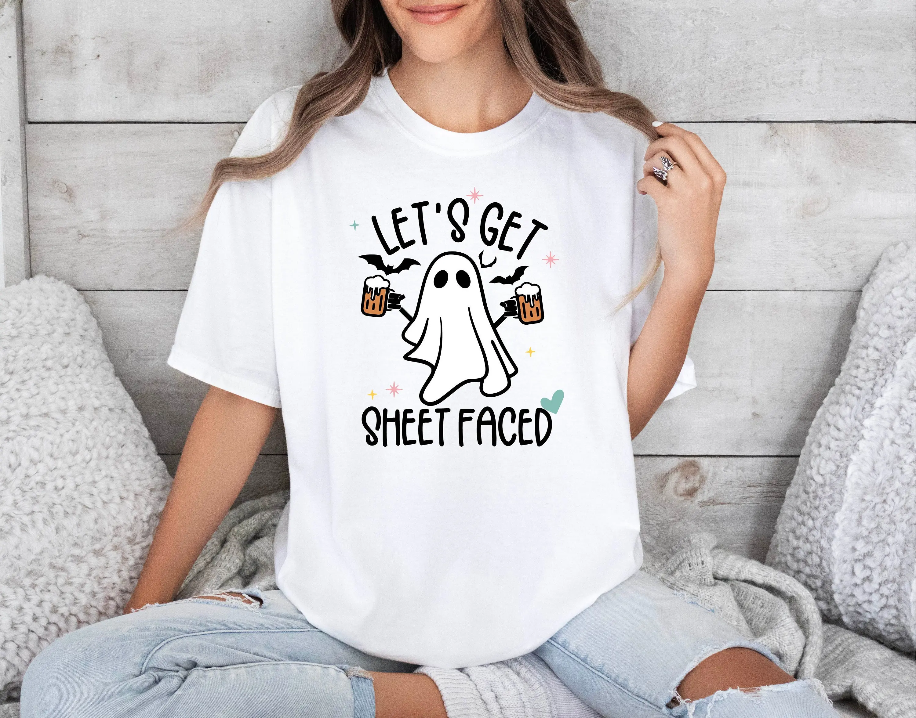 Let's Get Sheet Faced T Shirt Comfort Colors Happy Halloween Drunk Ghost Saying Funny Suggestion