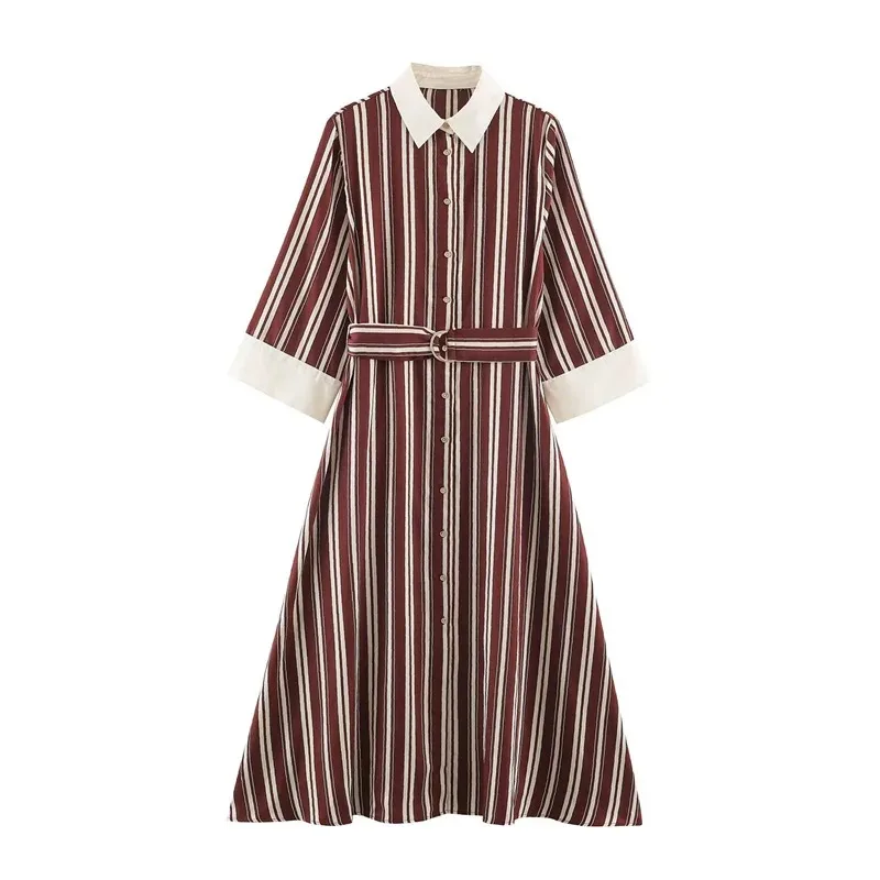 Womens 2026 Early Autumn New Fashion Minimalist Style Collared Long Sleeve Button Down Midi Dress with Belt and Stripes