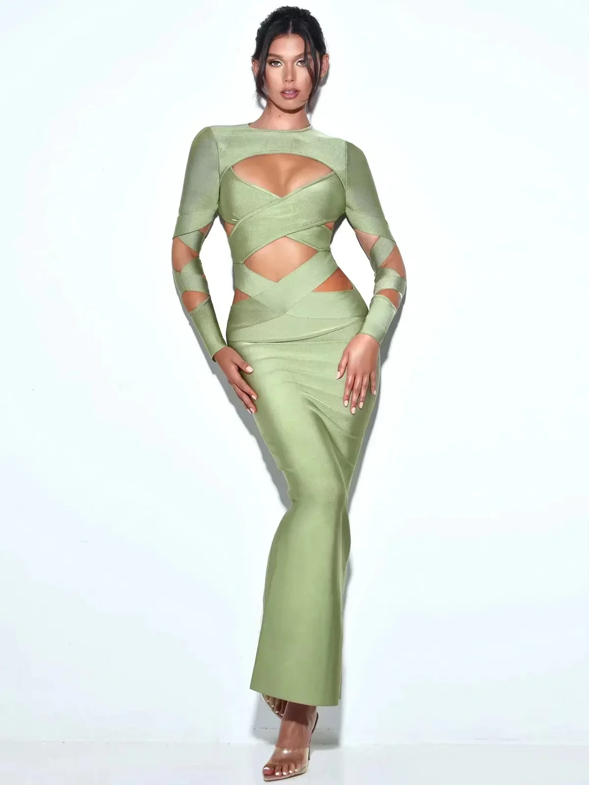 

Fashion O-neck Hollow Backless Solid Cross Long Sleeve Green Bodycon Bandage Long Dress 2024 New Women's Sexy Design Party Dress