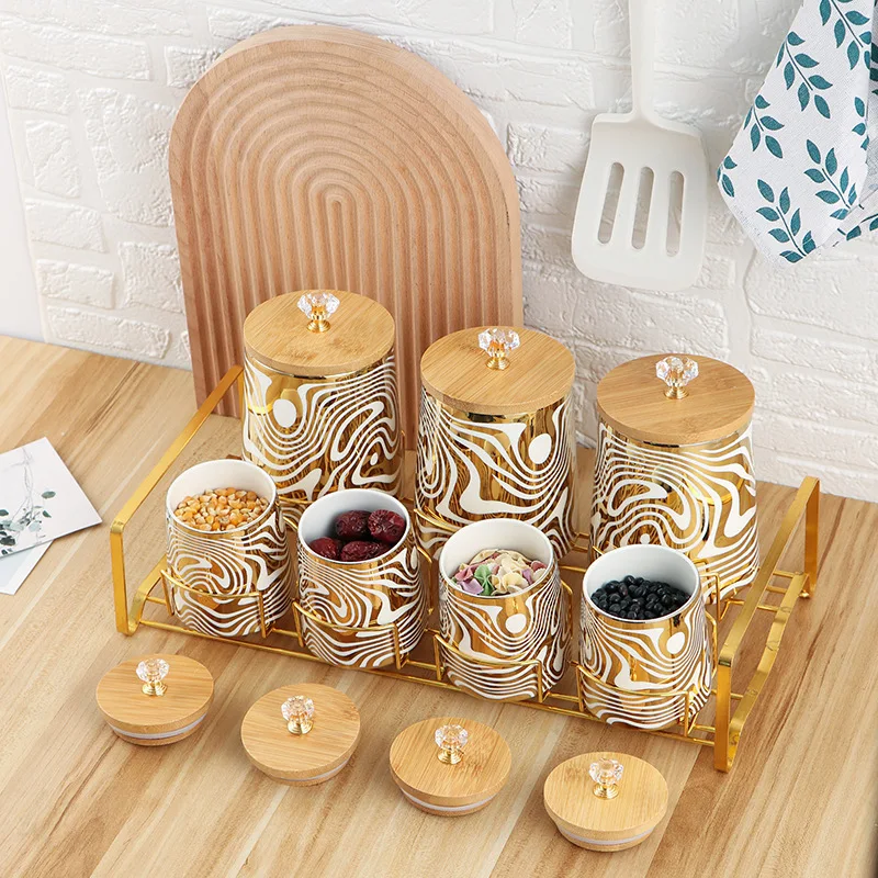 Set of 7 Color Glazed Ceramic Kitchen Canister Sets Tea Coffee Sugar Canisters Set With Stainless Steel Rack