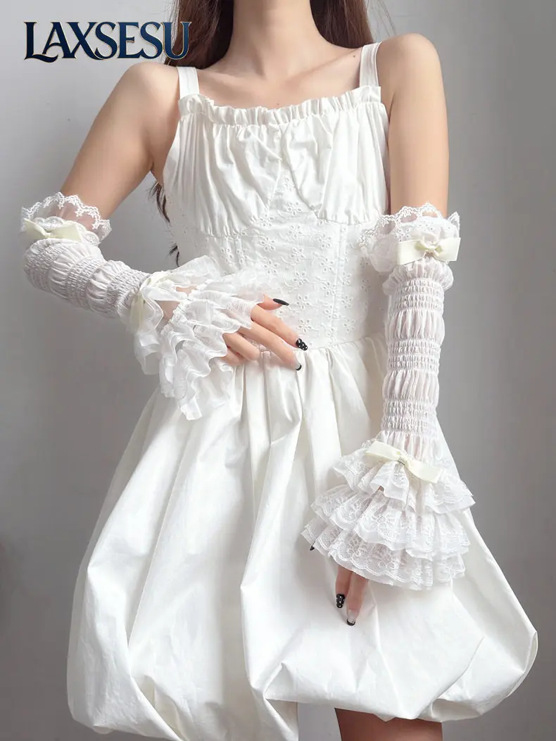 manches-de-protection-solaire-y2k-subculturelles-style-lolita-japonaise-d'ete-douces-et-polyvalentes-pour-fille-multi-couches-avec-nœud-en-dentelle-et-elastiques