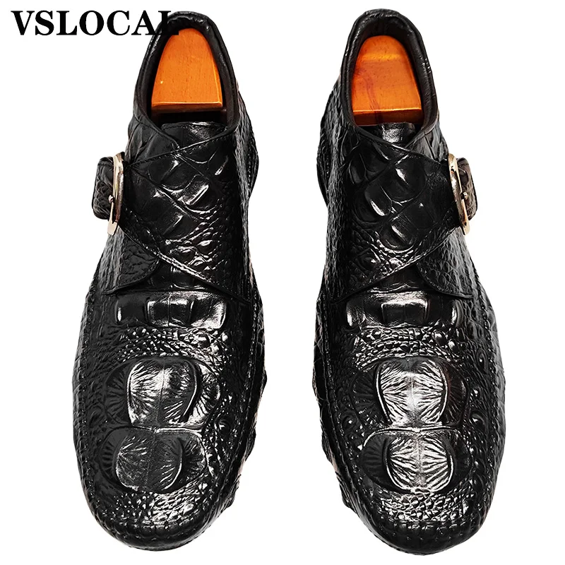 2026 inverno sapatos de couro masculino preto croco impressão monge cinta vestido formal masculino sapato casual confortável sapatos quentes para homem