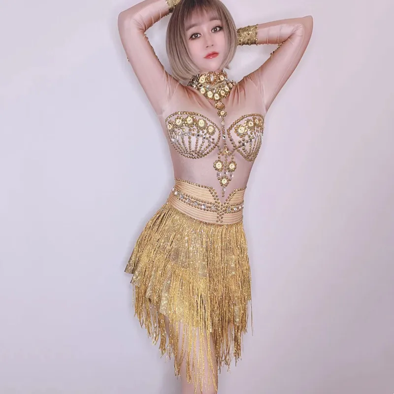 

Сексуальный костюм для танца на пилоне для ночного клуба DJ, джазовое представление, сценическая одежда, мини-платье с золотыми стразами и кисточками, клубный бар, вечерние рейв-наряды