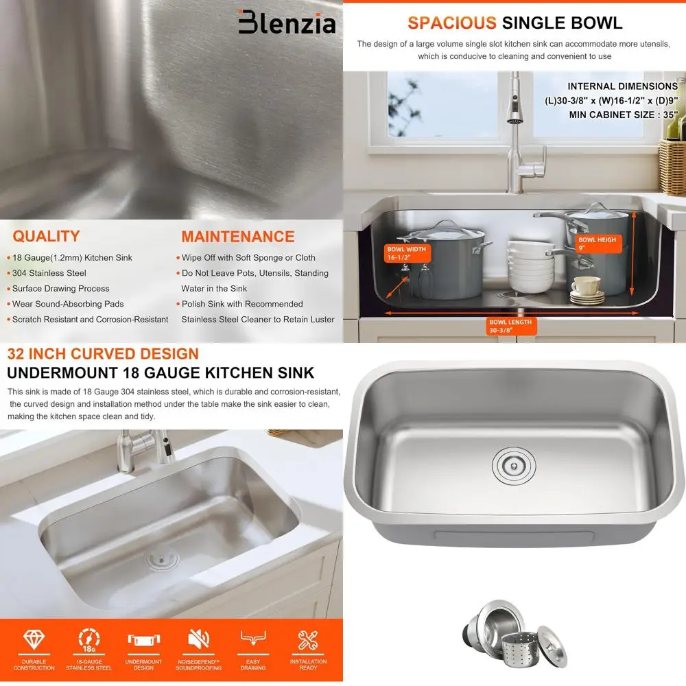 

32-дюймовая кухонная мойка из нержавеющей стали с изогнутым дизайном, одинарная, для установки под столешницу, с сифоном