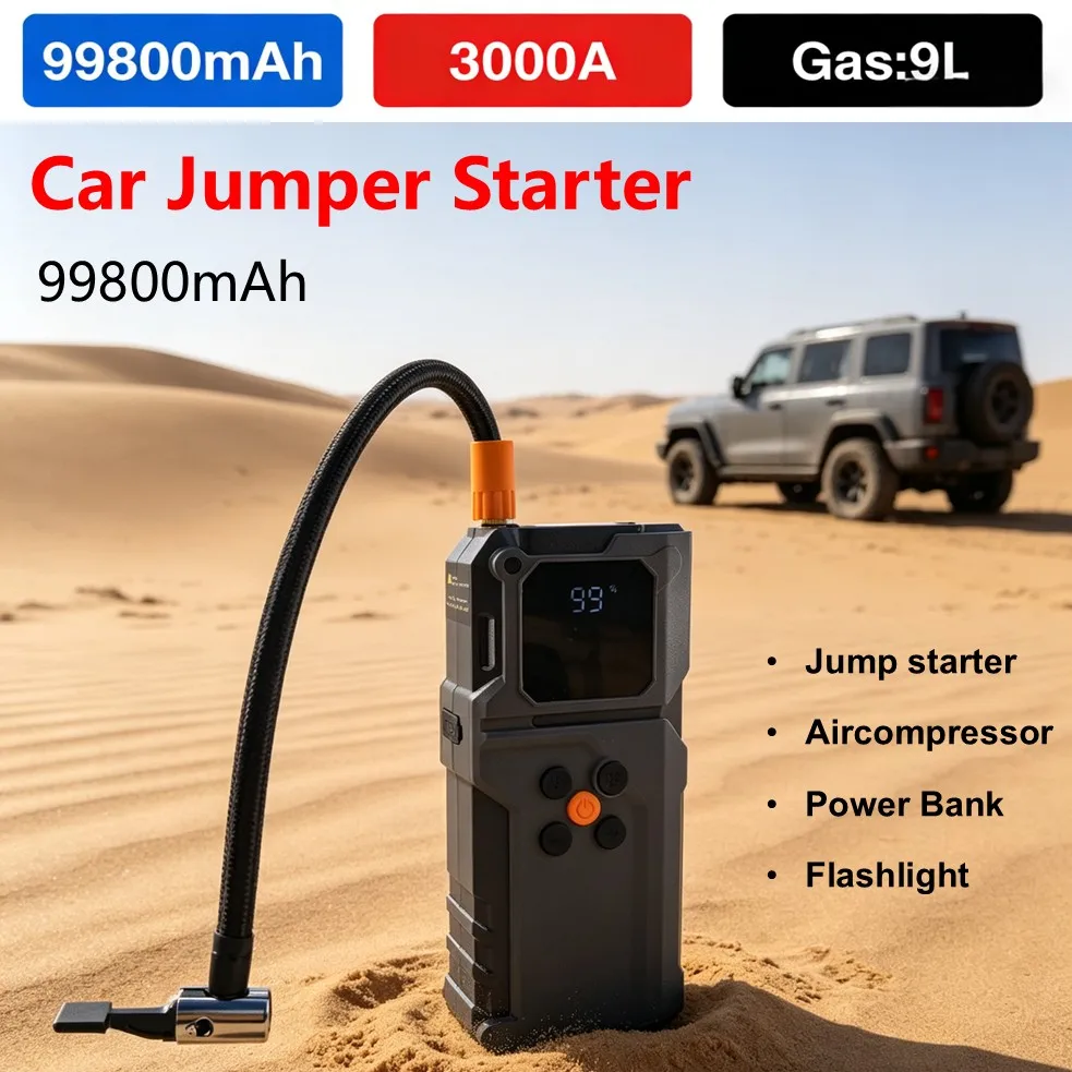 12V Car Jump Starter Battery Booster, Emergency Power Supply with Air Compressor, Power Bank, SOS Light for Roadside Assistance