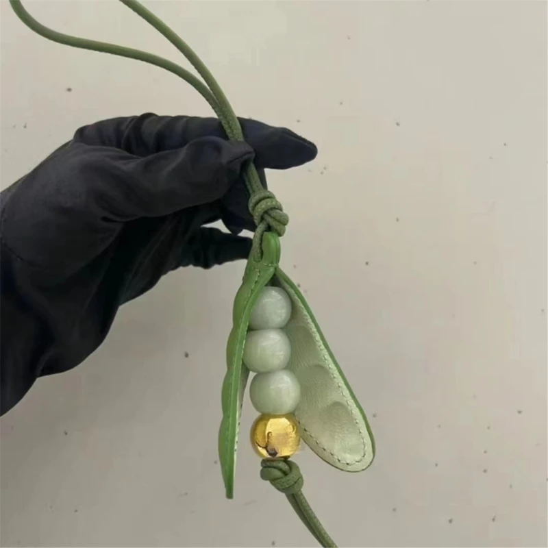 Creative Fashion Handmade Pea Pendant Keychain Bag Charms Funny Green Glass Beaded Peas PU Leather Key Rope for Women Girls Gift