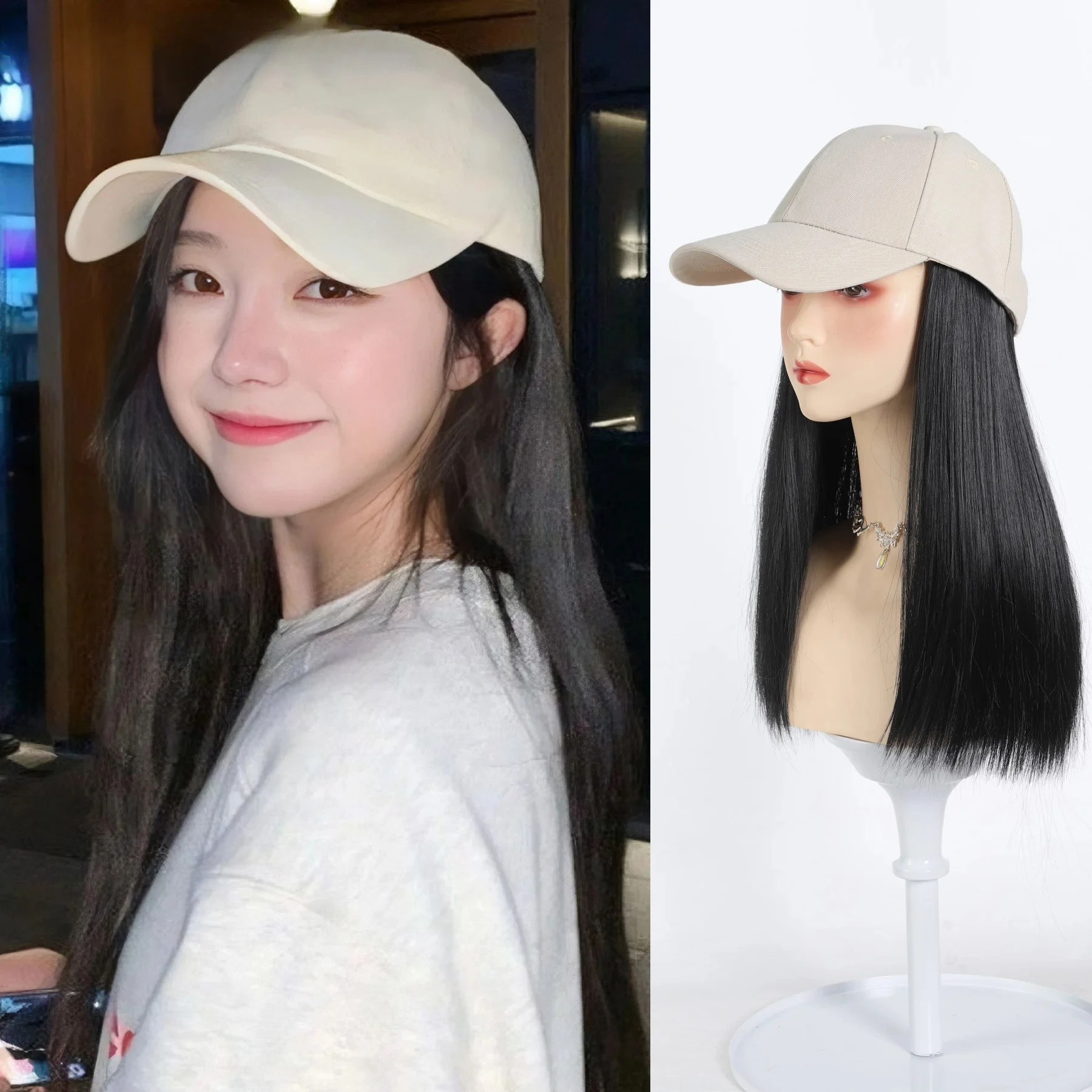 

Fashion white Baseball Cap With Wig One Piece Women Summer Synthetic Long Straight Hair Adjustable Hat Wig