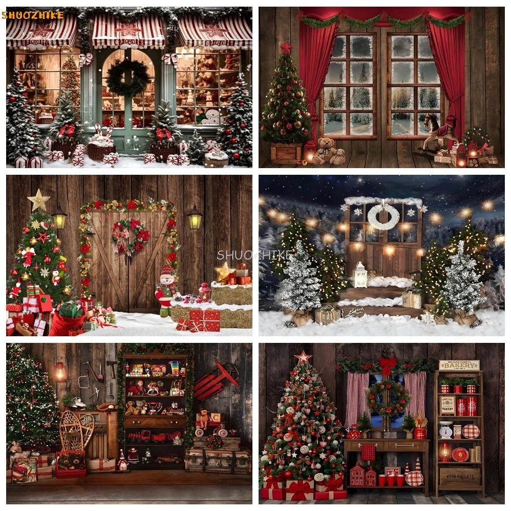 

Christmas Backdrops Xmas Winter Snowman Window Burning Fireplace Family Portrait Photography Background Decor Photo Studio Props