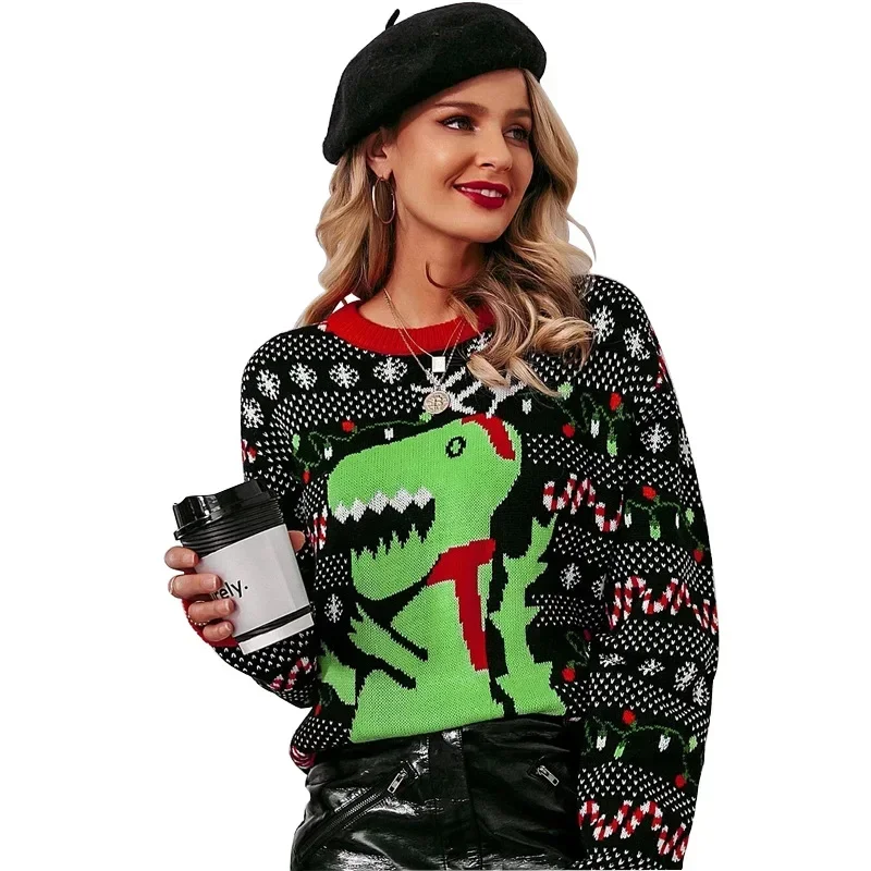 نمط جديد الإناث سترة فضفاضة عيد الميلاد المرأة طويلة الأكمام الجولة الرقبة البلوز محبوك سترة كسول عيد الميلاد تريكو