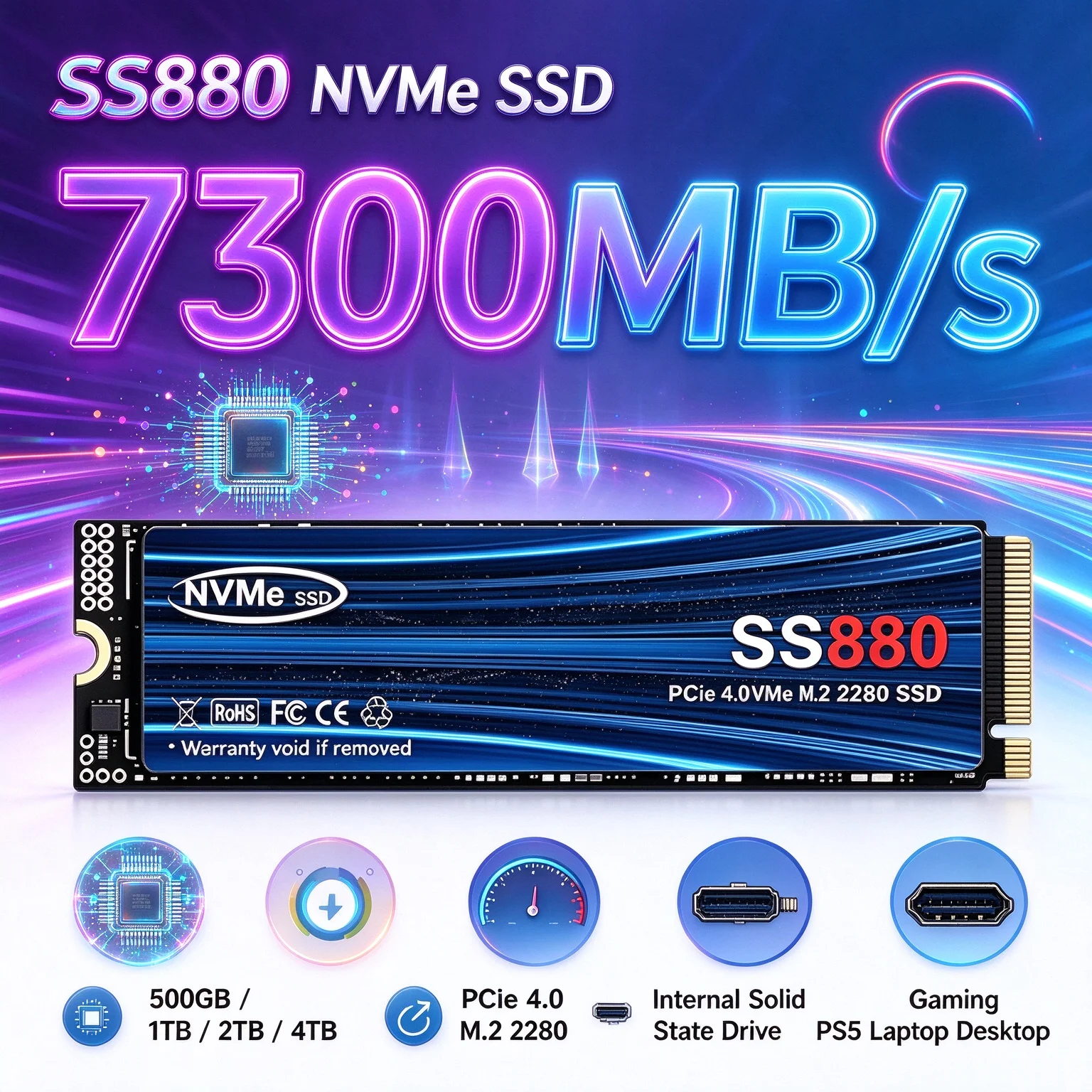 SS880 NVMe SSD 7300MB/s PCIe 4.0 M.2 2280 Reliable Stable Built to Last 4TB Internal Drive for PS5 Desktop Laptop, Easy Install