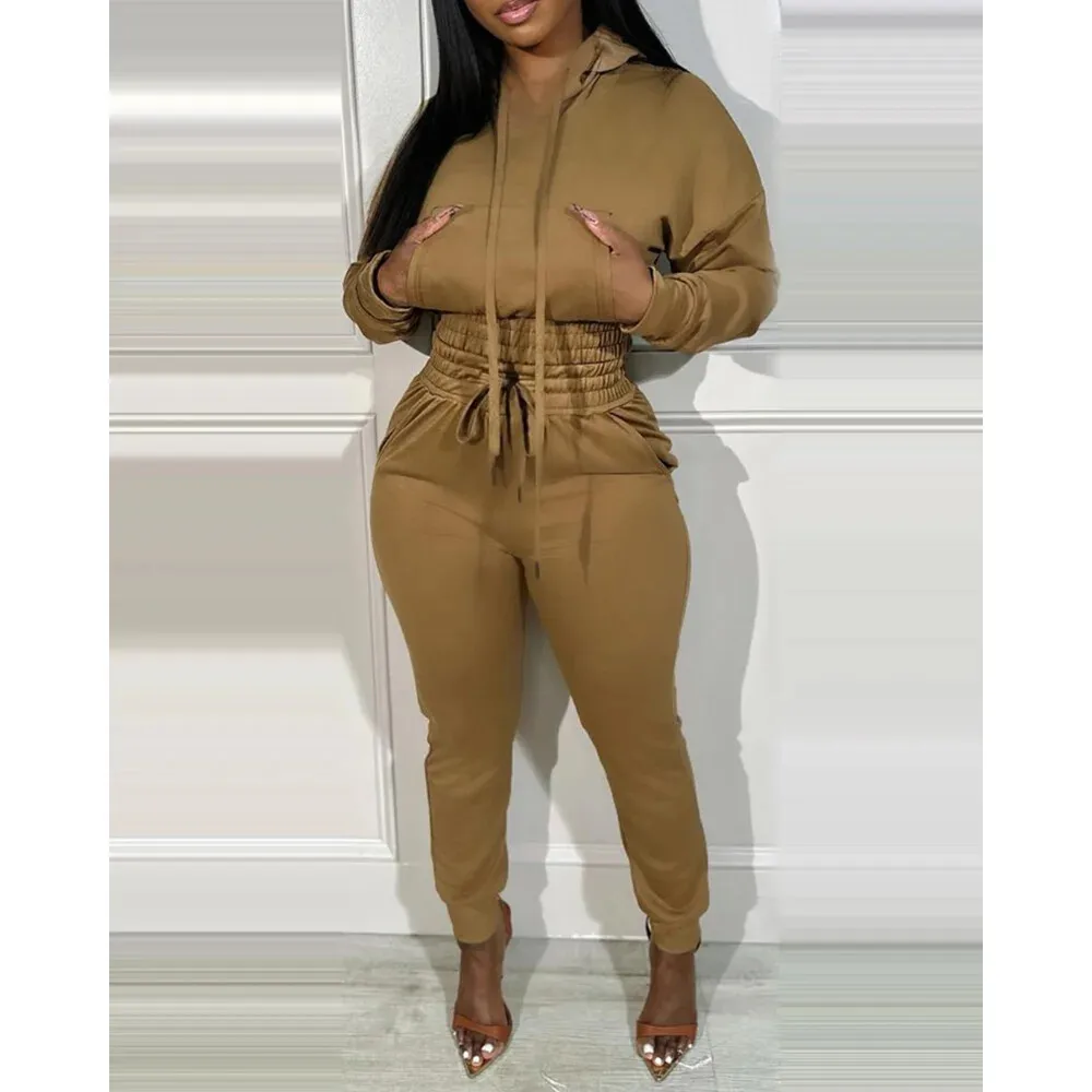 

Women Casual 2 Pieces Set Tracksuit Hoodie Pullover & Draw String Pants Set Solid Cropped Pullover Sporty 2 Piece Casual Outfits