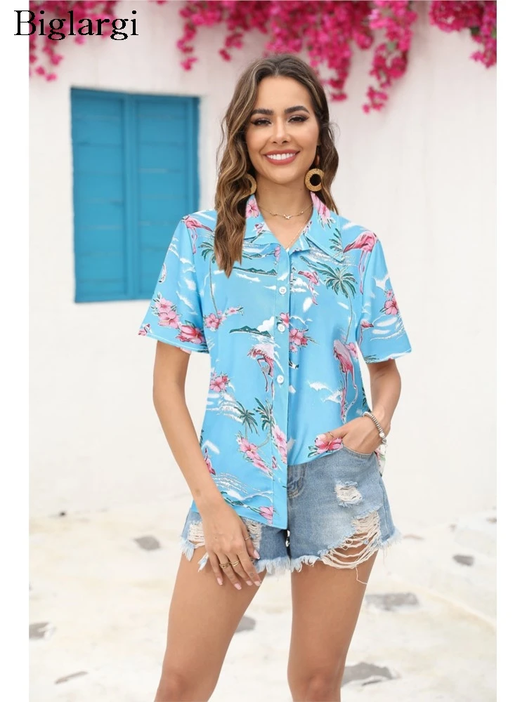 

Summer Shirts Women Flower Floral Print Fashion Casual Ladies Blouses Loose Short Sleeve Woman Shirt