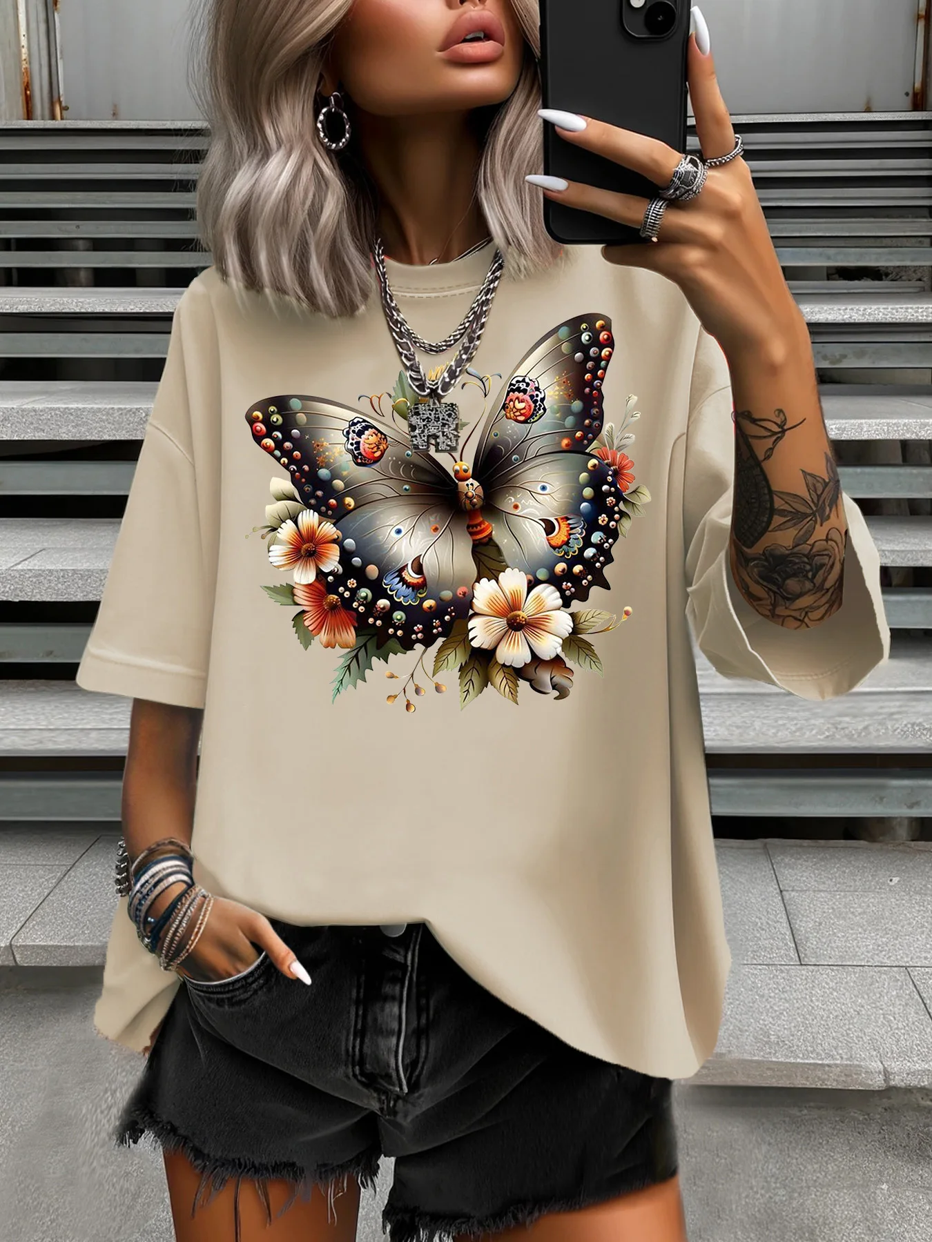 

Summer Women's Plus Size T-Shirt Original Design Fashion Butterfly Flower Printed Women's Casual Round Neck Short Sleeved Tops