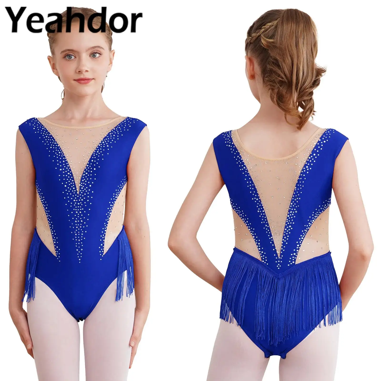 Kids Girls Gymnastics Leotard Bodysuit for Jazz Latin Dance Mesh Sleeveless Figure Skating Ballet Leotard Dancewear Costumes