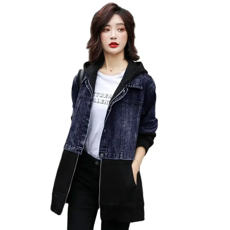 

Women's Spring And Autumn TopsAutumn New Korean Version Casual All-match Windbreaker Mid-Length Hooded Stitching Denim