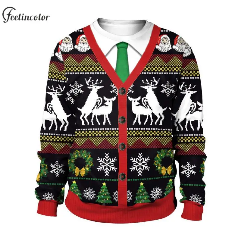 

Fake Two Pieces Ugly Christmas Sweatshirts for Men Xmas Elk Graphic Pullover Holiday Party Hoodies Casual Couple Clothes