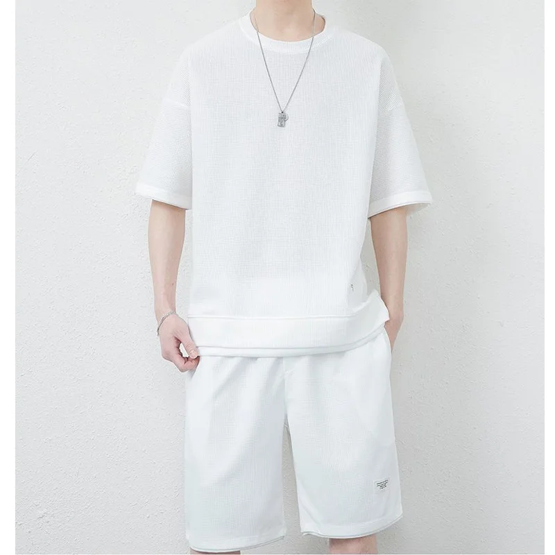 Casual Set for Men's Summer New Youth Solid Color Plus Size Sports Short Sleeve Shorts Two Piece Set Fashion Trend Men Clothing