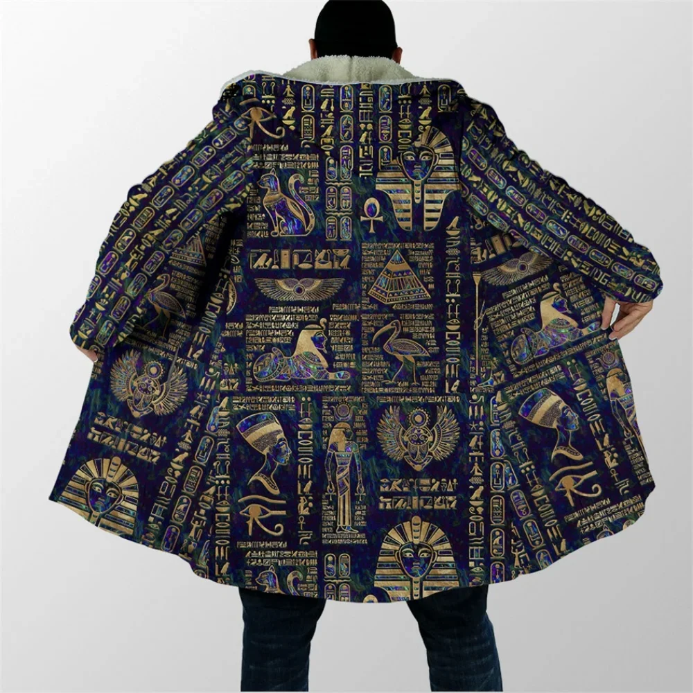 MSIEESO Winter Men Hooded Cloak Ancient Egypt Pharaoh Anubis 3D Printed Fleece Wind Breaker Unisex Casual Thick Warm Hood Cloak