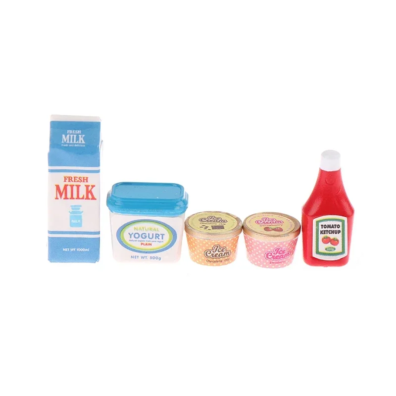 5Pcs 1:12 Scale Dollhouse Kitchen Mini Food Set Simulated Tomato Sauce & Iced Yogurt Miniatures for Doll Scene Layout Decor